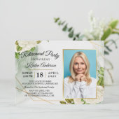 Elegant White Floral Photo Retirement Party Kaart (Staand voorkant)