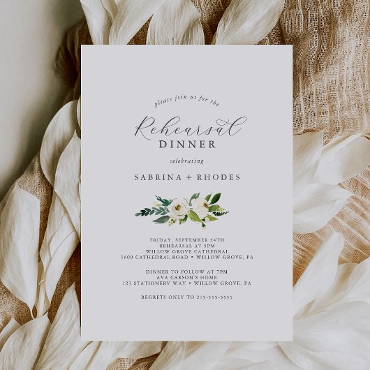 Elegant White Floral Rehearsal Dinner Kaart