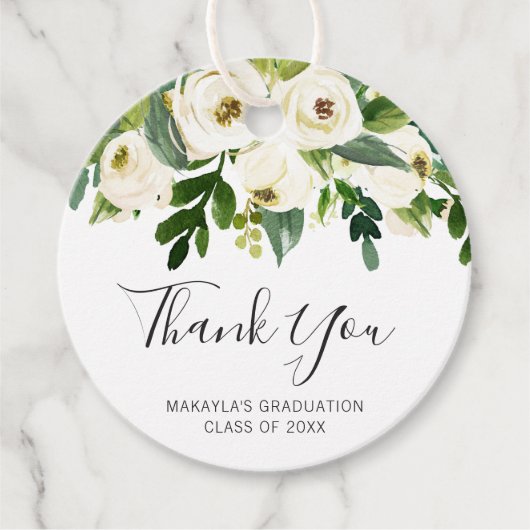 Elegant White Floral Rozen Afstuderen Hartelijk da Bedankjes Labels (Voorkant)