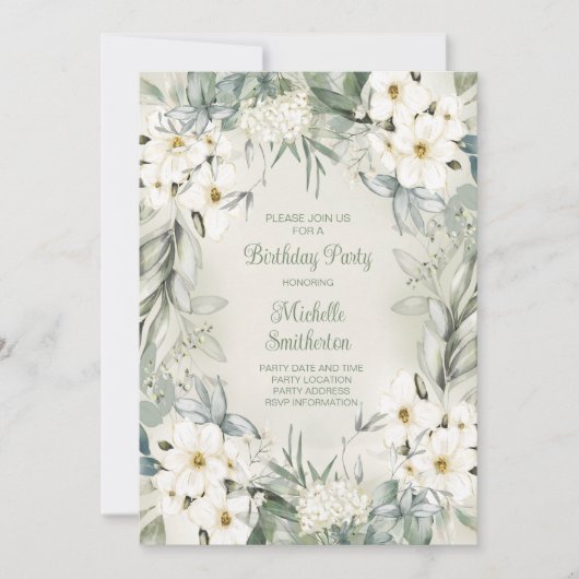 Elegant White Floral Sage Green Leaves Birthday Kaart (Voorkant)