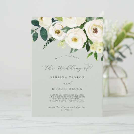 Elegant White Floral | Sage Mint de bruiloft van Kaart (Staand voorkant)