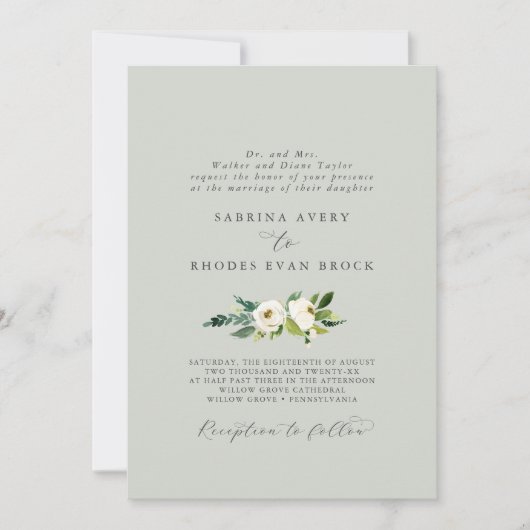 Elegant White Floral | Sage Mint Formal Wedding Kaart (Voorkant)