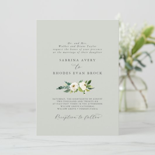 Elegant White Floral | Sage Mint Formal Wedding Kaart (Staand voorkant)