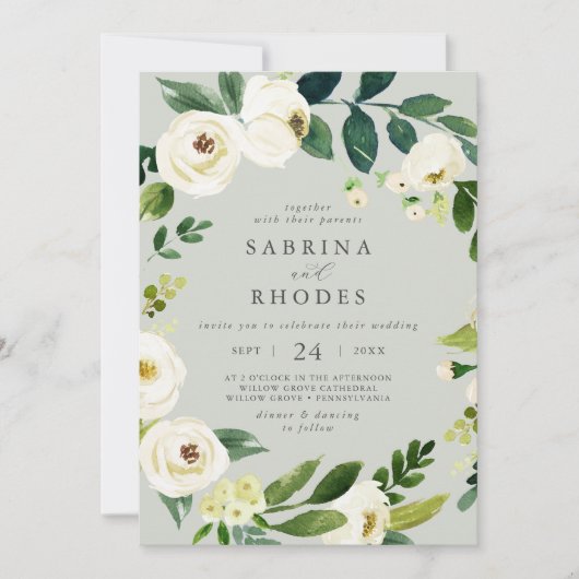 Elegant White Floral Sage Mint Front Back Weduwsch Kaart (Voorkant)