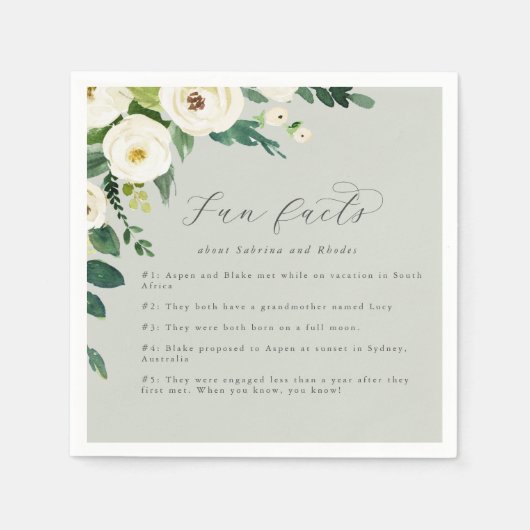 Elegant White Floral | Sage Mint Fun Facts Wedding Servet (Voorkant)