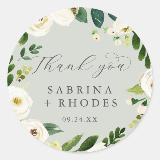 Elegant White Floral | Sage Mint Hartelijk dank Ronde Sticker (Voorkant)