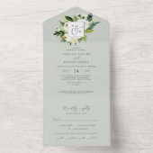 Elegant White Floral | Sage Mint Monogram Weddensc All In One Uitnodiging (Binnen)