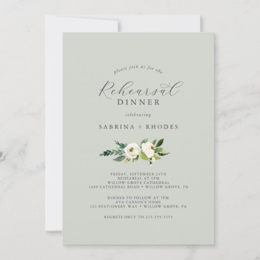 Elegant White Floral | Sage Mint Rehearsal Dinner Kaart (Voorkant)