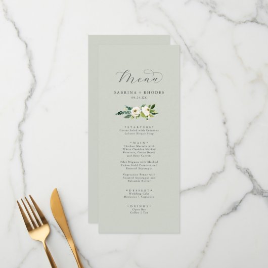 Elegant White Floral | Sage Mint Weddenrennen Menu (Voorkant / Achterkant in situ)