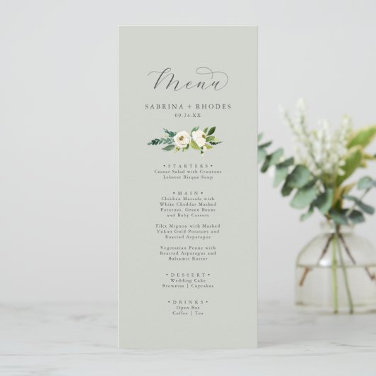 Elegant White Floral | Sage Mint Weddenrennen Menu (Staand voorkant)