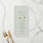 Elegant White Floral | Sage Mint Weddenrennen Menu<br><div class="desc">Deze elegante witte bloesem is perfect voor een klassieke bruiloft. Het moderne ontwerp is voorzien van prachtig romantisch roos van ivoor en roomkleurige waterverf en pony's met donkergroene bladeren, groene bladeren en botanische producten. Dit menu kan voor een trouwreceptie, een repetitief diner, of om het even welke gebeurtenis worden gebruikt....</div>