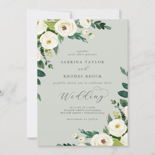 Elegant White Floral | Sage Mint Wedding Kaart (Voorkant)