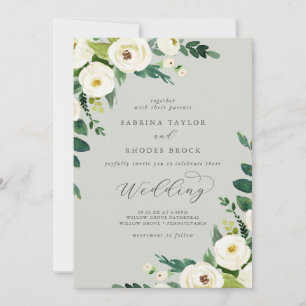 Elegant White Floral   Sage Mint Wedding Kaart