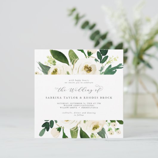 Elegant White Floral Square Wedding Kaart (Staand voorkant)