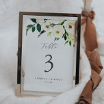 Elegant White Floral Table Number Kaart<br><div class="desc">Dit elegante witte bloemetnummer is perfect voor een klassieke bruiloft. Het moderne ontwerp is voorzien van prachtig romantisch roos van ivoor en roomkleurige waterverf en pony's met donkergroene bladeren, groene bladeren en botanische producten. De prints op de voor- en achterzijde van de kaart (dubbelzijdig). De punten worden gedrukt precies aangezien...</div>