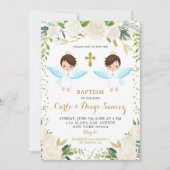 Elegant White Floral Twin Boy Baptism Invitation Kaart (Voorkant)