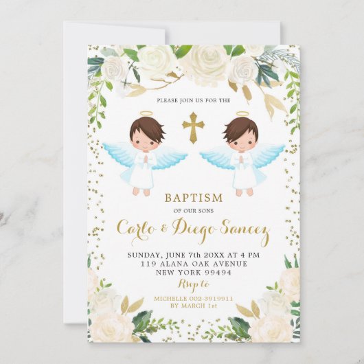 Elegant White Floral Twin Boy Baptism Invitation Kaart (Voorkant)