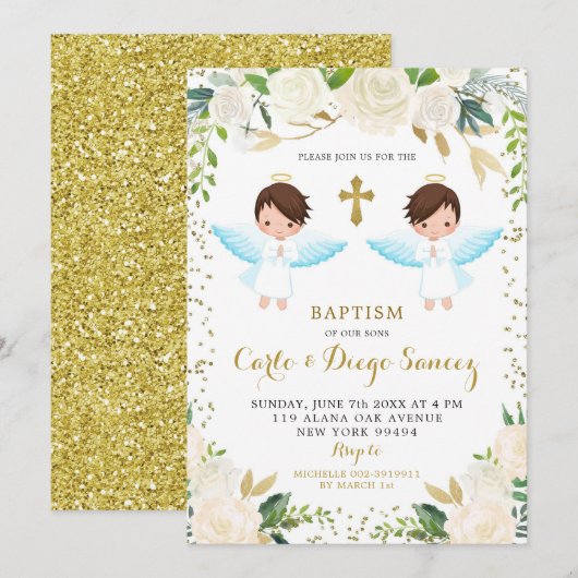 Elegant White Floral Twin Boy Baptism Invitation Kaart (Voorkant / Achterkant)