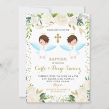 Elegant White Floral Twin Boy Baptism Invitation