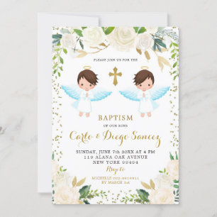 Elegant White Floral Twin Boy Baptism Invitation Kaart