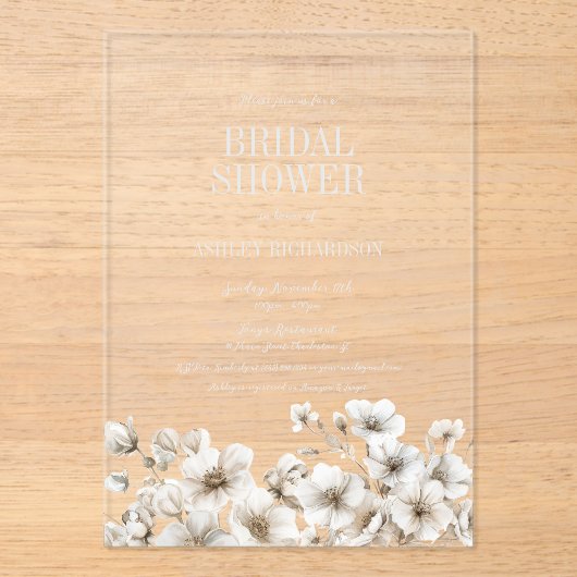 Elegant White Floral Vrijgezellenfeest Acryl Uitnodigingen (Voorkant)