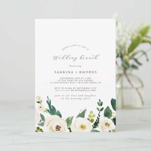 Elegant White Floral Wedding Brunch Kaart (Staand voorkant)