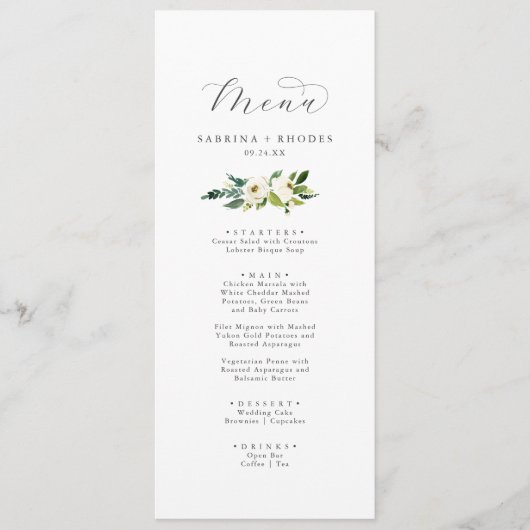 Elegant White Floral Wedding Dinner Menu (Voorkant)