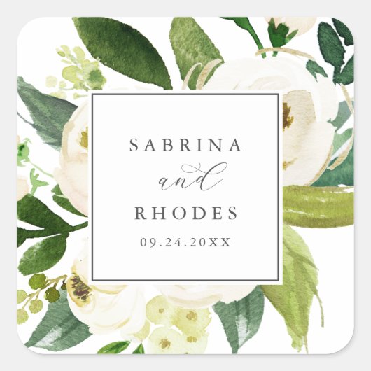 Elegant White Floral Wedding Envelope Seals Vierkante Sticker (Voorkant)