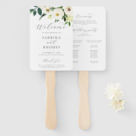Elegant White Floral Wedding Programme Hand Fan Handwaaier (Voorkant en achterkant)