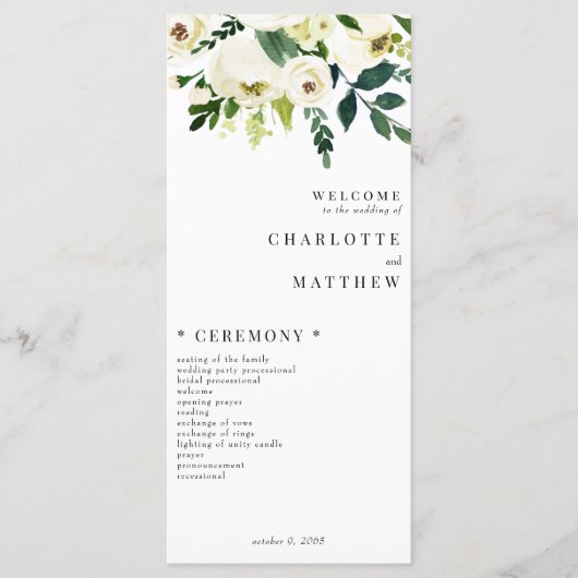 Elegant White Floral Wedding Programme Menu (Voorkant)