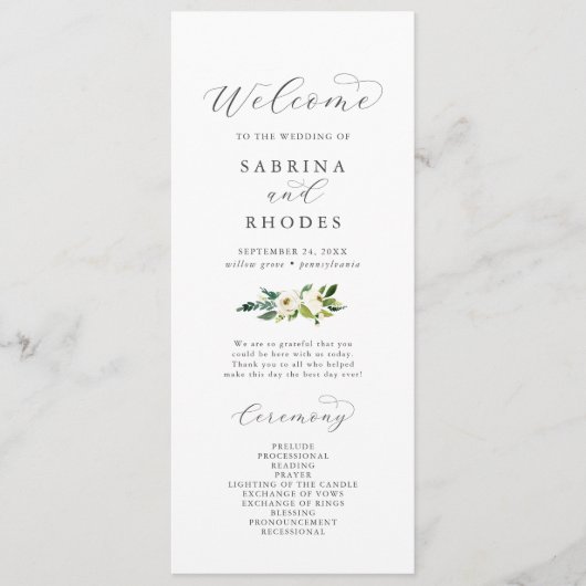 Elegant White Floral Wedding Programme Programmakaart (Voorkant)