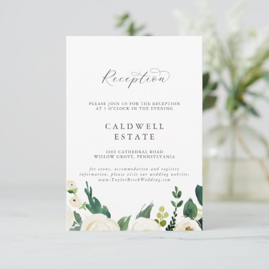 Elegant White Floral Wedding Reception Informatiekaartje (Staand voorkant)