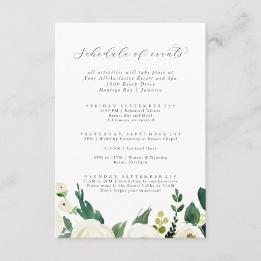 Elegant White Floral Weekend Schedule of Events Informatiekaartje (Voorkant)