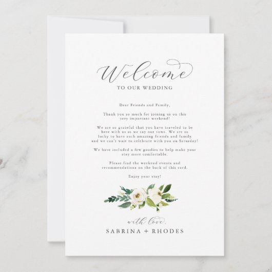 Elegant White Floral Welcome Letter & Itinerary (Voorkant)