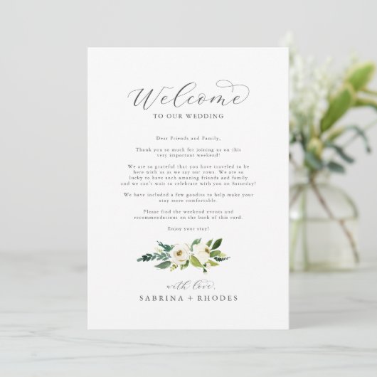 Elegant White Floral Welcome Letter & Itinerary (Staand voorkant)