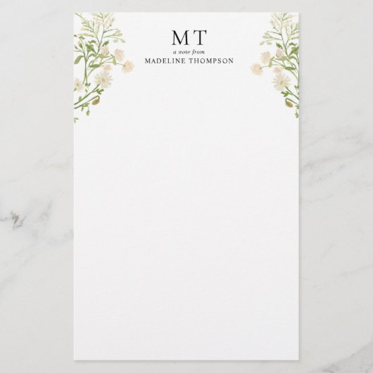 Elegant White Floral Wildflower Classic Monogram Briefpapier (Voorkant)