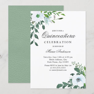 Elegant White Flower Quinceanera Party Invite Kaart