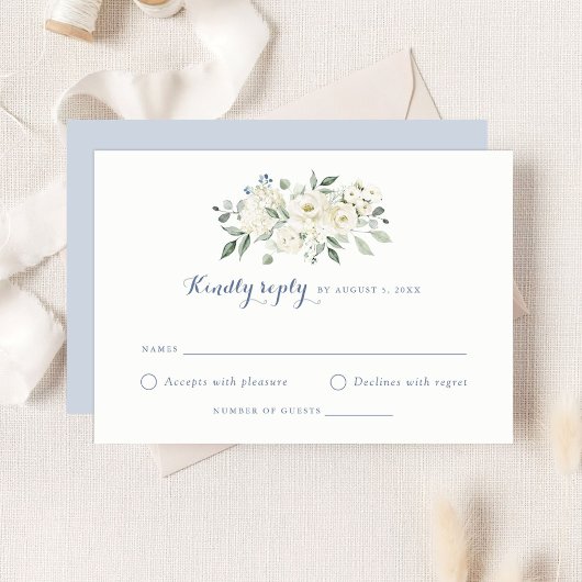 Elegant White Flowers Dusty Blue Wedding RSVP Kaart