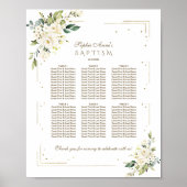 Elegant White Flowers Gold Baptism Seating Chart Poster (Voorkant)