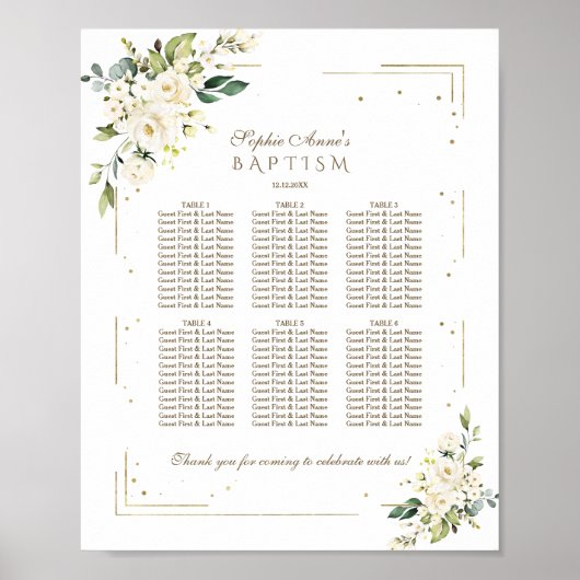 Elegant White Flowers Gold Baptism Seating Chart Poster (Voorkant)