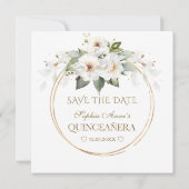 Elegant White Flowers Gold Birthday Quinceañera Save The Date (Achterkant)