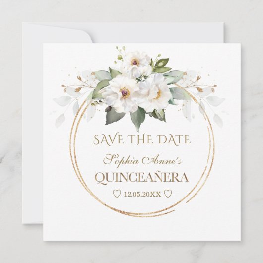 Elegant White Flowers Gold Birthday Quinceañera Save The Date (Achterkant)