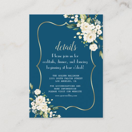 Elegant White Flowers Gold Blue Weddenschap - Gege Informatiekaartje (Voorkant)