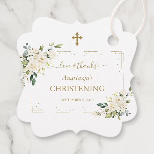 Elegant White Flowers Gold Confetti Christening Bedankjes Labels (Achterkant)