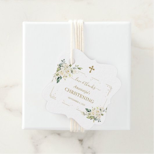 Elegant White Flowers Gold Confetti Christening Bedankjes Labels (In situ)