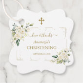 Elegant White Flowers Gold Confetti Christening Bedankjes Labels (Voorkant)