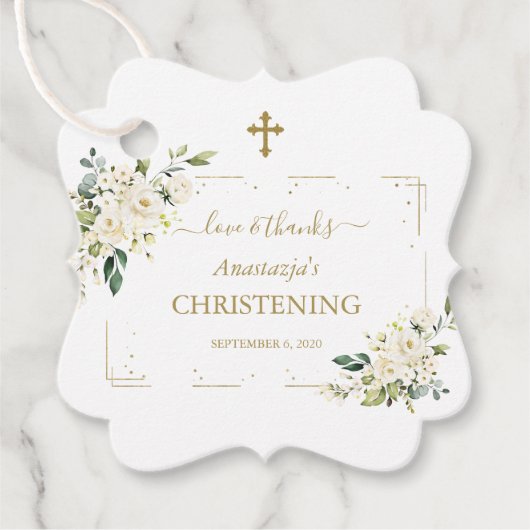 Elegant White Flowers Gold Confetti Christening Bedankjes Labels (Voorkant)