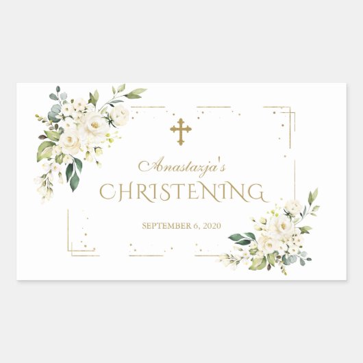 Elegant White Flowers Gold Confetti Christening Rechthoekige Sticker (Voorkant)