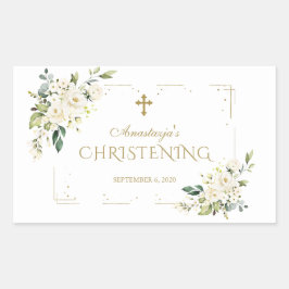 Elegant White Flowers Gold Confetti Christening Rechthoekige Sticker