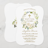 Elegant White Flowers Gold Cross Baptisme Kaart (Voorkant / Achterkant)